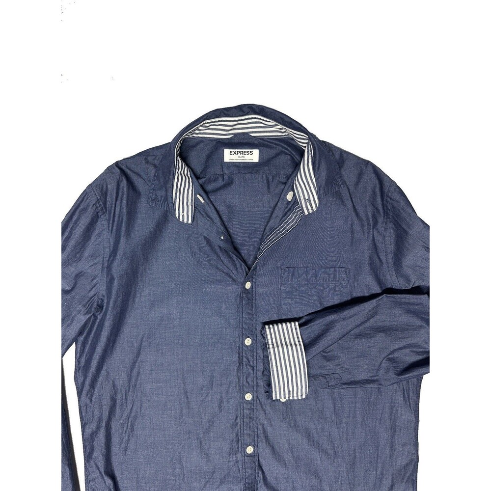 Express Soft Wash Mens XL Navy Blue Button Down Long Sleeve Shirt Striped Trim